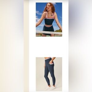 Beyond Yoga Navy with Red & White Waistband leggings and top NEW